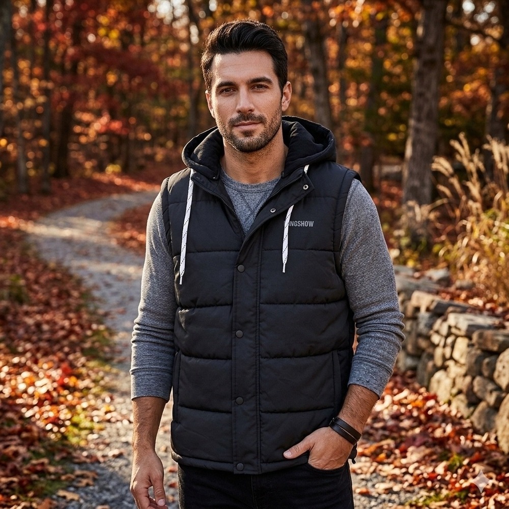Gongshow Mens Black Puffer Vest Hooded Hockey Apparel Sleeveless Jacket - Size M